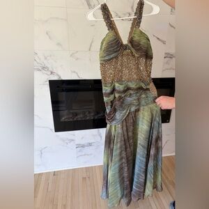 Cassandra Stone Elegant Green and Brown Beaded Evening Dress